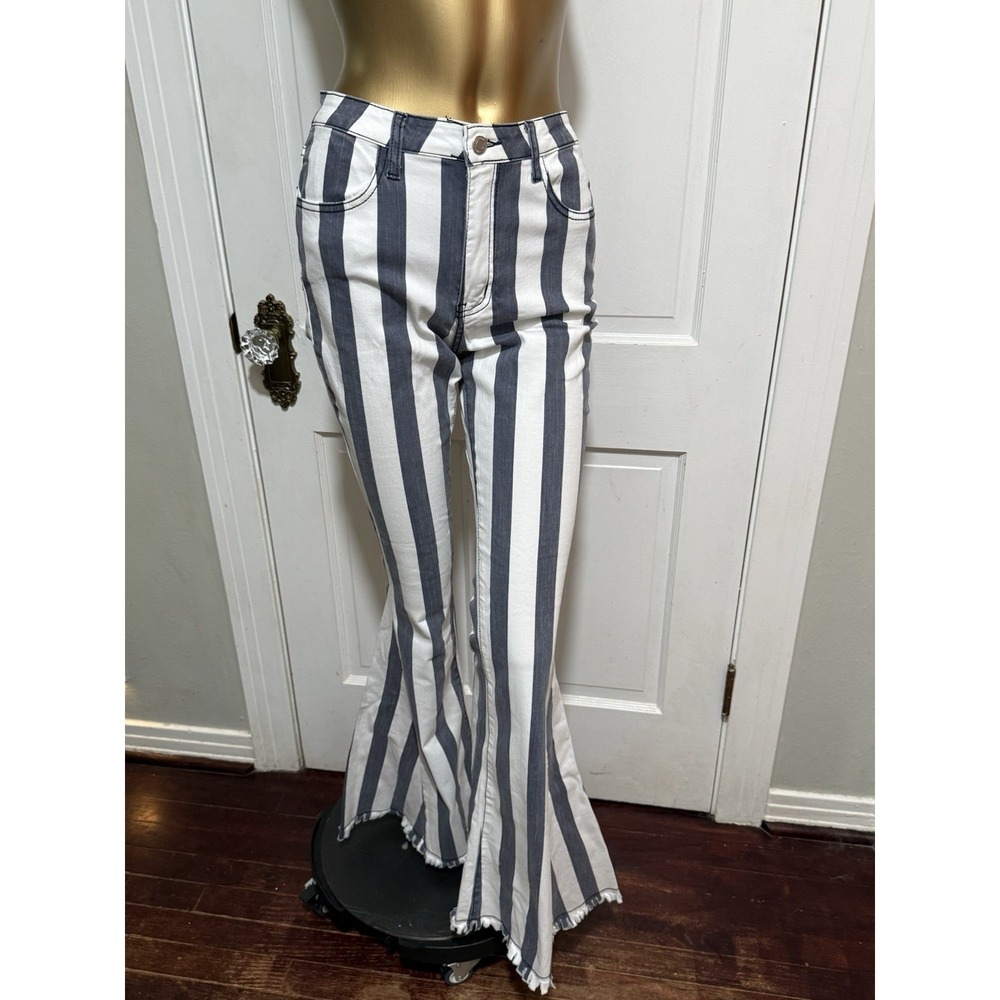 New Saints & Hearts Navy Blue White Stripe Bell Bottom Pants Size Medium